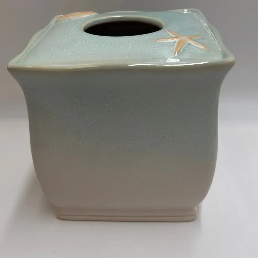 Coastal Ceramic Tissue Box Cover Seahorse Starfish Aqua Beach Bathroom Decor
